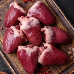 Raw turkey or chicken hearts with salt and spices
