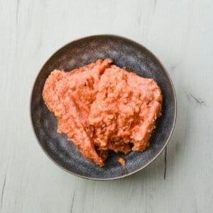 Top view of plate with minced salmon