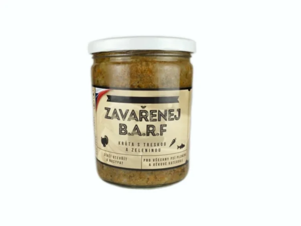 Zaváraný BARF - Morčacie mäso s treskou, ryžou a zeleninou 375 g